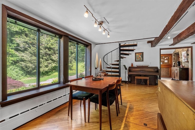 1670 Baptist Church Rd, Yorktown Heights, NY 10598 - dining space with a baseboard heating unit, light wood finished floors, stairway, and beamed ceiling