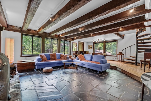 1670 Baptist Church Rd, Yorktown Heights, NY 10598 - living room with stone tile flooring, beam ceiling, stairs, and a chandelier