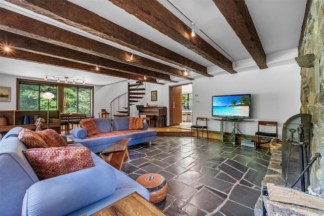 1670 Baptist Church Rd, Yorktown Heights, NY 10598 - living room with stairs and beam ceiling