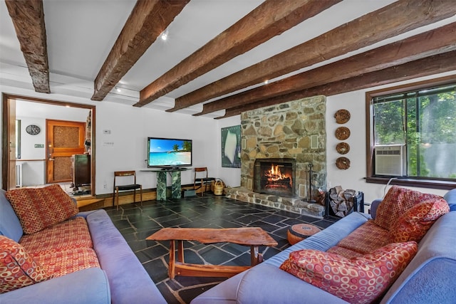 1670 Baptist Church Rd, Yorktown Heights, NY 10598 - living room with beamed ceiling, a stone fireplace, cooling unit, and baseboards