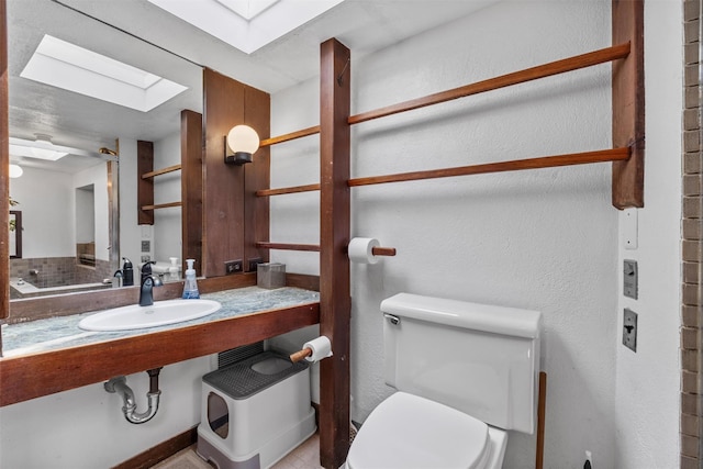 1670 Baptist Church Rd, Yorktown Heights, NY 10598 - bathroom with a skylight, toilet, a sink, and a textured wall
