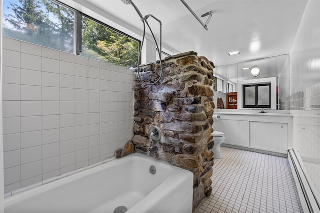 1670 Baptist Church Rd, Yorktown Heights, NY 10598 - full bathroom with a baseboard radiator, vanity, tile patterned floors, toilet, and  shower combination