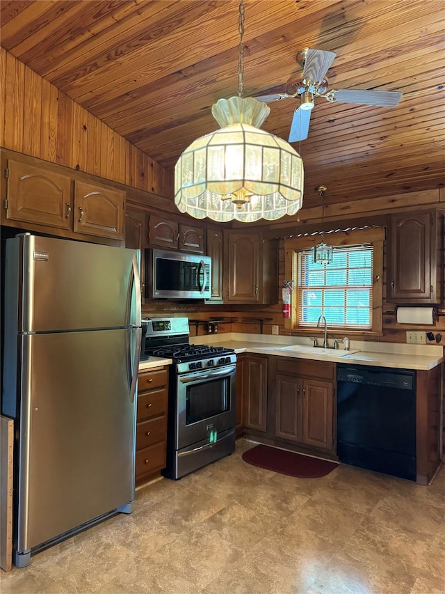 29 Fallen Tree Ln, Athens, NY 12051 - kitchen with stainless steel appliances, a sink, wood ceiling, light countertops, and lofted ceiling