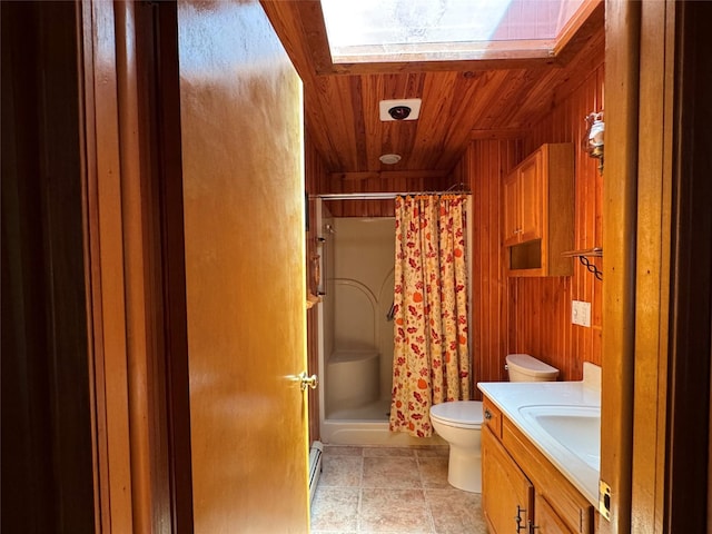 29 Fallen Tree Ln, Athens, NY 12051 - bathroom featuring toilet, a stall shower, vanity, wood ceiling, and wood walls