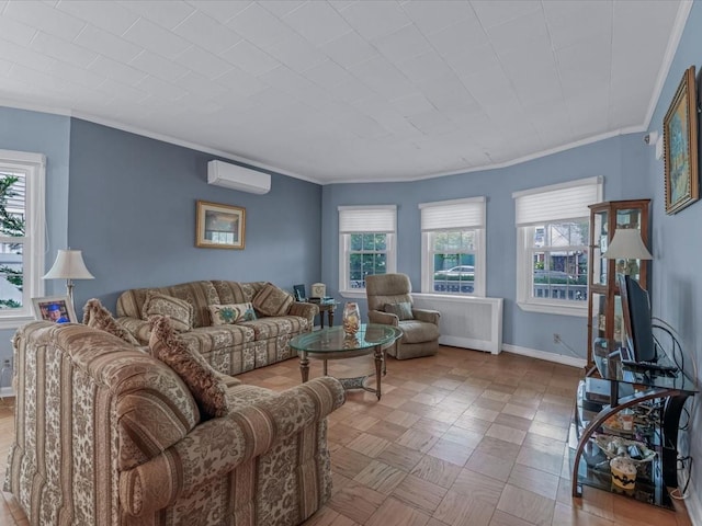 1311 154th St, Beechhurst, NY 11357 - living area with a wall mounted AC, crown molding, and baseboards
