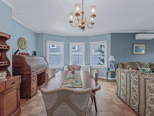1311 154th St, Beechhurst, NY 11357 - dining space featuring an AC wall unit, a chandelier, ornamental molding, and baseboards