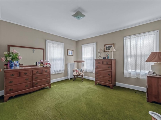 1311 154th St, Beechhurst, NY 11357 - living area featuring ornamental molding, carpet, baseboards, and radiator