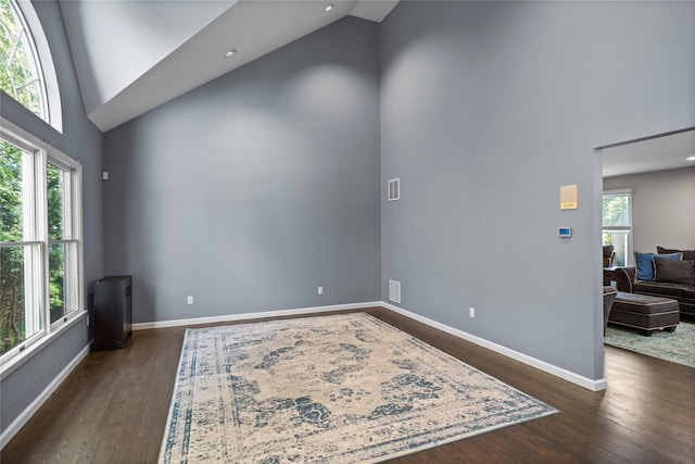 2 Old Brookville Ct, Manorville, NY 11949 - spare room featuring high vaulted ceiling and dark wood finished floors
