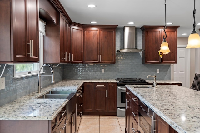 2 Old Brookville Ct, Manorville, NY 11949 - kitchen featuring wall chimney exhaust hood, stainless steel appliances, light stone countertops, light tile patterned flooring, and recessed lighting