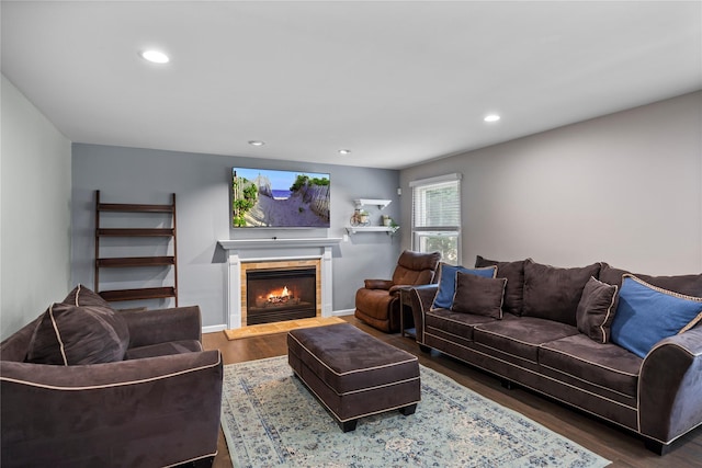 2 Old Brookville Ct, Manorville, NY 11949 - living area with a warm lit fireplace, dark wood-type flooring, and recessed lighting