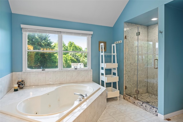 2 Old Brookville Ct, Manorville, NY 11949 - bathroom with a tub with jets, vaulted ceiling, a stall shower, and healthy amount of natural light