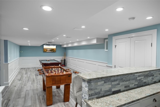 2 Old Brookville Ct, Manorville, NY 11949 - rec room featuring a decorative wall, wainscoting, light wood-style floors, recessed lighting, and billiards table