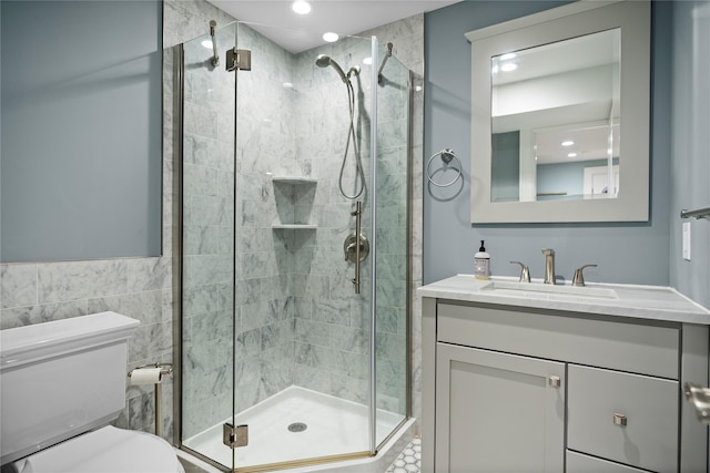 2 Old Brookville Ct, Manorville, NY 11949 - bathroom featuring vanity, a shower stall, and recessed lighting