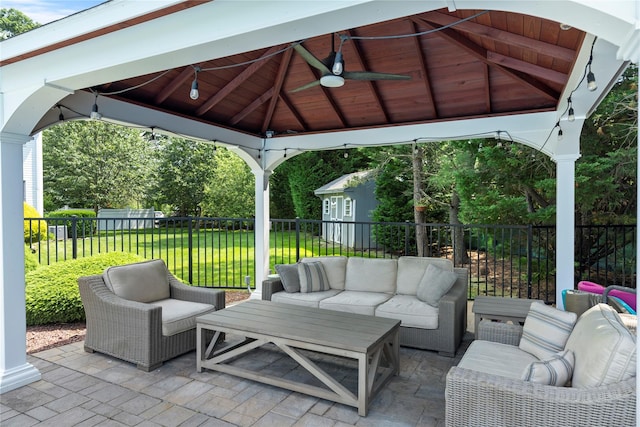 2 Old Brookville Ct, Manorville, NY 11949 - view of patio with a gazebo, an outdoor hangout area, and a ceiling fan
