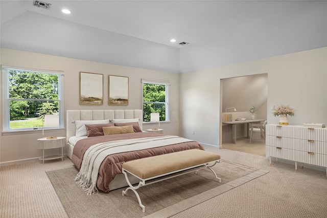 2 Old Brookville Ct, Manorville, NY 11949 - bedroom featuring lofted ceiling, light carpet, and recessed lighting