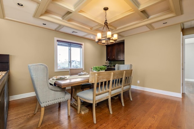135 Ocean Ave, Massapequa, NY 11758 - dining area featuring coffered ceiling, a chandelier, wood finished floors, baseboards, and beam ceiling