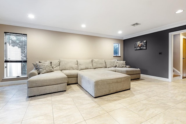 135 Ocean Ave, Massapequa, NY 11758 - living area with crown molding, recessed lighting, baseboards, and light tile patterned flooring