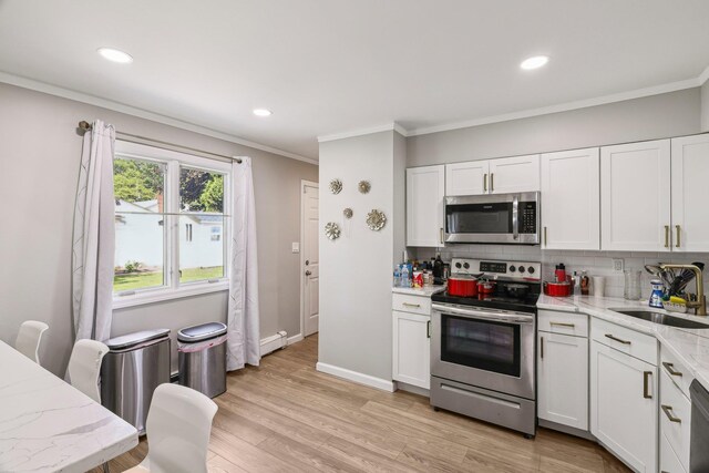 70 Propose Rd, Shirley, NY 11967 - kitchen with appliances with stainless steel finishes, crown molding, backsplash, white cabinets, and recessed lighting