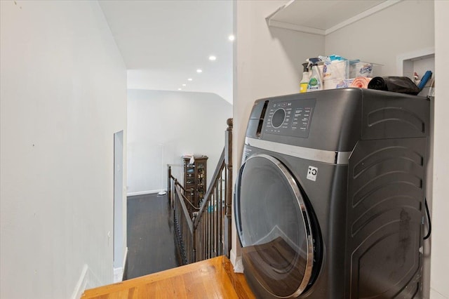 654 Derby Ave, Woodmere, NY 11598 - washroom with wood finished floors, baseboards, recessed lighting, and washer / clothes dryer