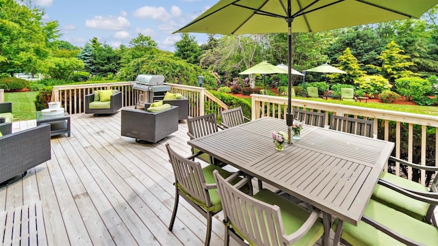 1260 Water Ter, Southold, NY 11971 - wooden terrace featuring outdoor dining area, a grill, an outdoor living space, and view of scattered trees