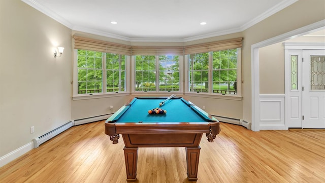 1260 Water Ter, Southold, NY 11971 - playroom with baseboard heating, light wood-style floors, billiards table, crown molding, and recessed lighting