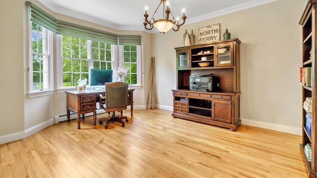 1260 Water Ter, Southold, NY 11971 - home office featuring a chandelier, light wood-type flooring, crown molding, and baseboards