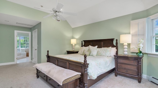 1260 Water Ter, Southold, NY 11971 - bedroom with baseboard heating, baseboards, carpet, vaulted ceiling, and ceiling fan