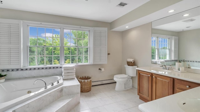 1260 Water Ter, Southold, NY 11971 - bathroom with baseboard heating, vanity, a tub with jets, toilet, and recessed lighting
