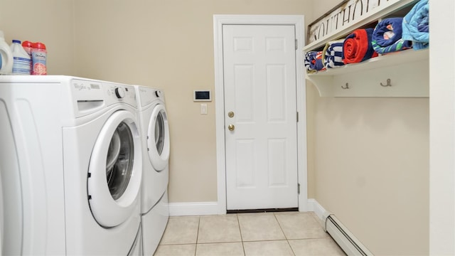 1260 Water Ter, Southold, NY 11971 - laundry room featuring washing machine and dryer, light tile patterned flooring, baseboards, and a baseboard heating unit