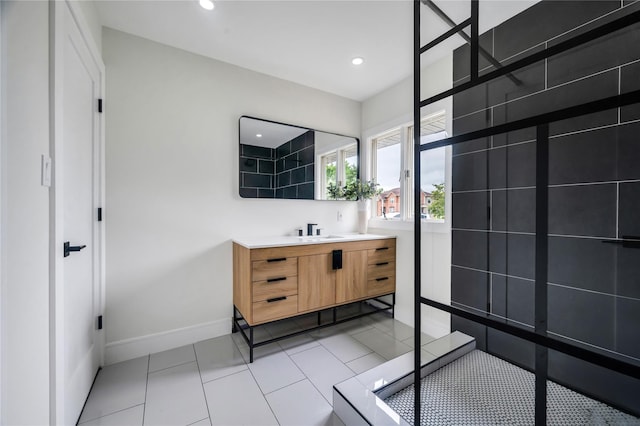 205 Blueberry Ln, Hicksville, NY 11801 - bathroom with vanity, baseboards, recessed lighting, tile patterned flooring, and tiled shower