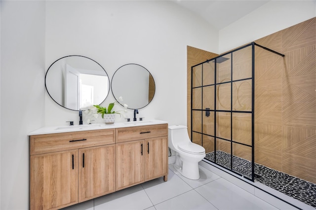 205 Blueberry Ln, Hicksville, NY 11801 - full bathroom with tile patterned flooring, toilet, a tile shower, and double vanity