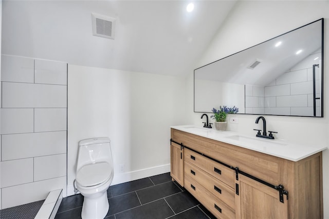 205 Blueberry Ln, Hicksville, NY 11801 - bathroom with lofted ceiling, double vanity, toilet, tile patterned floors, and a tile shower