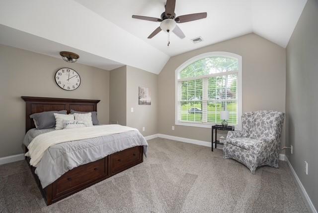 66 Carol Ln, Poughquag, NY 12570 - bedroom featuring vaulted ceiling, light colored carpet, baseboards, and ceiling fan