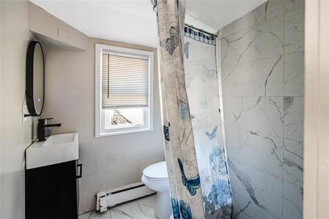 45 Cragmere Rd, Airmont, NY 10901 - bathroom with baseboard heating, marble look tiles, vanity, toilet, and curtained shower