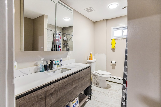 45 Cragmere Rd, Airmont, NY 10901 - bathroom with a baseboard radiator, vanity, toilet, marble look tile flooring, and curtained shower