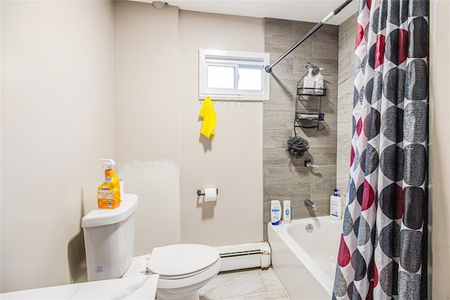 45 Cragmere Rd, Airmont, NY 10901 - bathroom featuring a baseboard radiator, toilet, and shower / bath combo
