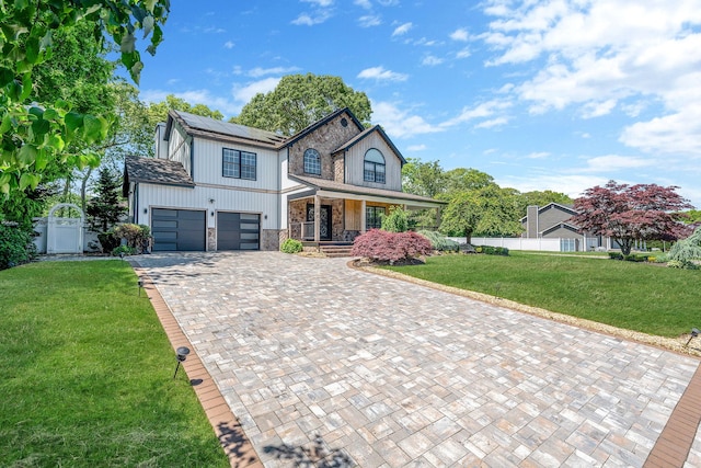 8 Hamilton Pl, Lake Grove, NY 11755 - view of front of home featuring covered porch, stone siding, decorative driveway, roof mounted solar panels, and an attached garage
