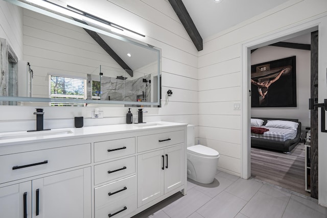 8 Hamilton Pl, Lake Grove, NY 11755 - bathroom featuring toilet, double vanity, wood walls, a stall shower, and tile patterned flooring