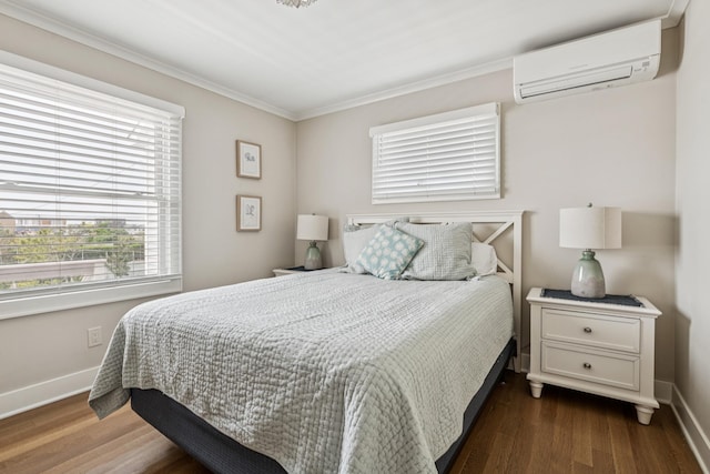 355 Dune Rd, Westhampton Beach, NY 11978 - bedroom featuring an AC wall unit, multiple windows, dark wood-type flooring, and ornamental molding