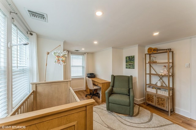 32 Henderson Ave, Port Washington, NY 11050 - sitting room with light wood-style flooring, an upstairs landing, baseboards, recessed lighting, and an office area