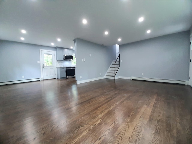 495 Stanton Ter, Poughkeepsie, NY 12603 - unfurnished living room with a baseboard radiator, a baseboard heating unit, dark wood-style floors, recessed lighting, and baseboards