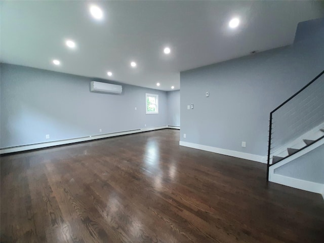 495 Stanton Ter, Poughkeepsie, NY 12603 - unfurnished living room featuring a wall mounted AC, recessed lighting, wood finished floors, baseboards, and stairway