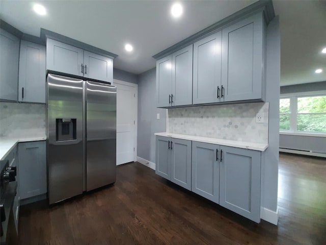 495 Stanton Ter, Poughkeepsie, NY 12603 - kitchen featuring stainless steel refrigerator with ice dispenser, gray cabinets, dark wood finished floors, and recessed lighting