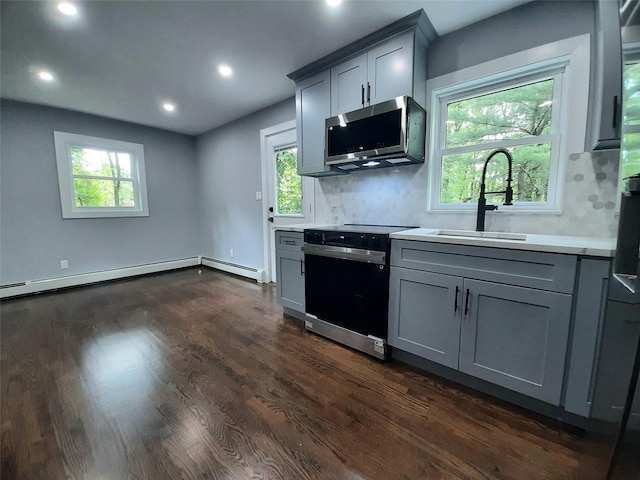 495 Stanton Ter, Poughkeepsie, NY 12603 - kitchen featuring range with electric stovetop, stainless steel microwave, gray cabinets, a sink, and recessed lighting