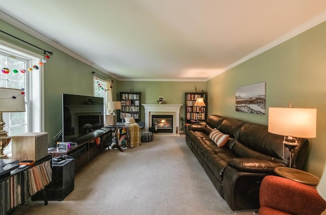 36 Valkill Dr, Poughkeepsie, NY 12601 - carpeted living room featuring a glass covered fireplace and crown molding