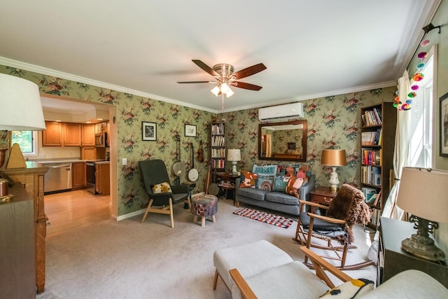 36 Valkill Dr, Poughkeepsie, NY 12601 - living room with a wall mounted air conditioner, wallpapered walls, ceiling fan, ornamental molding, and light colored carpet