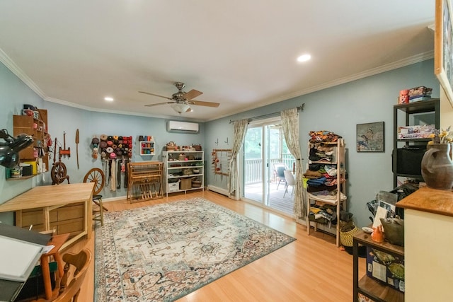 36 Valkill Dr, Poughkeepsie, NY 12601 - office area with an AC wall unit, crown molding, wood finished floors, ceiling fan, and recessed lighting
