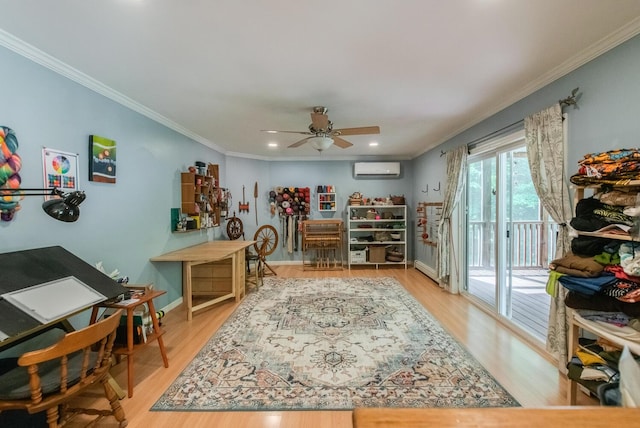 36 Valkill Dr, Poughkeepsie, NY 12601 - office area featuring an AC wall unit, ornamental molding, ceiling fan, baseboards, and wood finished floors