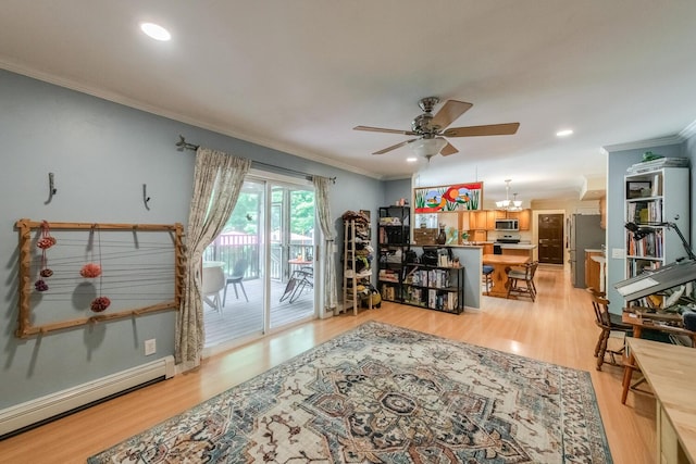 36 Valkill Dr, Poughkeepsie, NY 12601 - office space with a baseboard radiator, crown molding, a ceiling fan, light wood finished floors, and recessed lighting