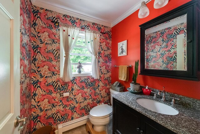 36 Valkill Dr, Poughkeepsie, NY 12601 - half bath with a baseboard heating unit, toilet, ornamental molding, and vanity